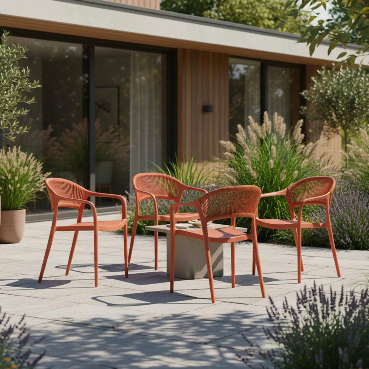 Set of 4 stackable garden chairs with rope effect