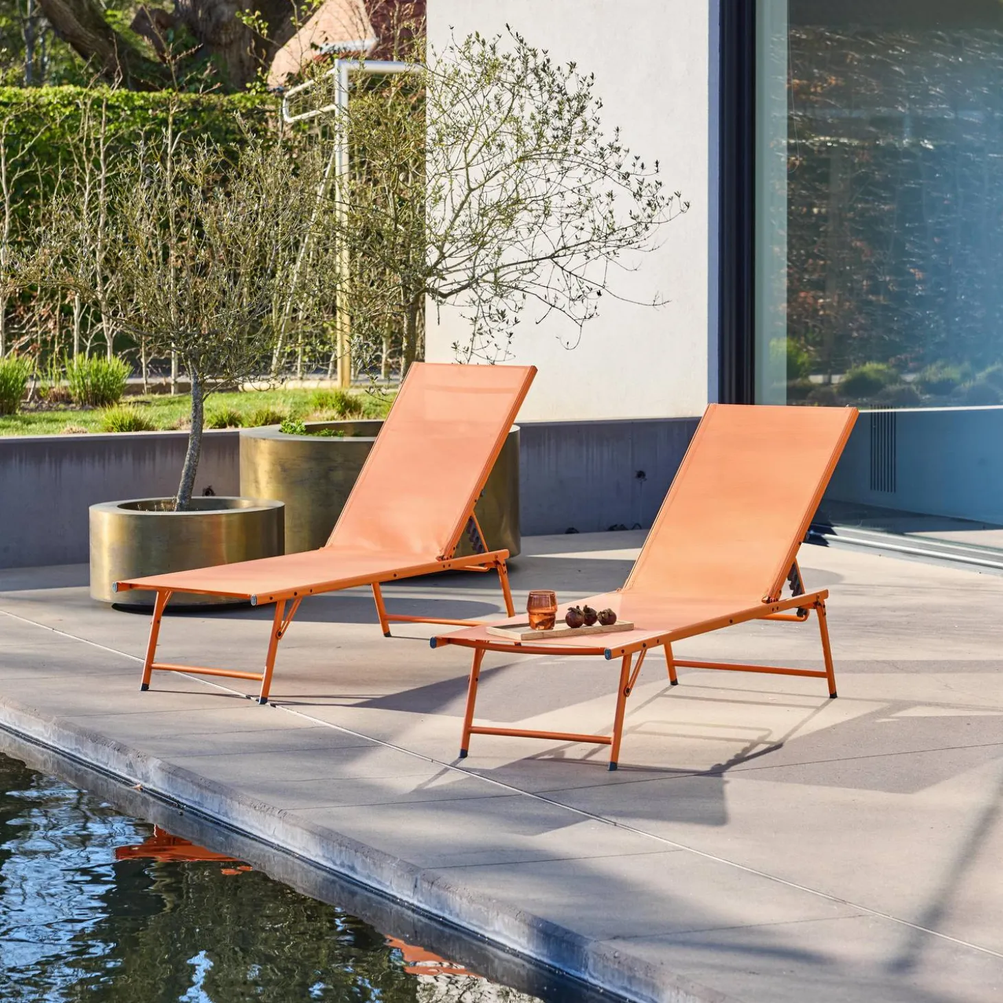 Set of 2 steel and textilene sun loungers, 4 positions