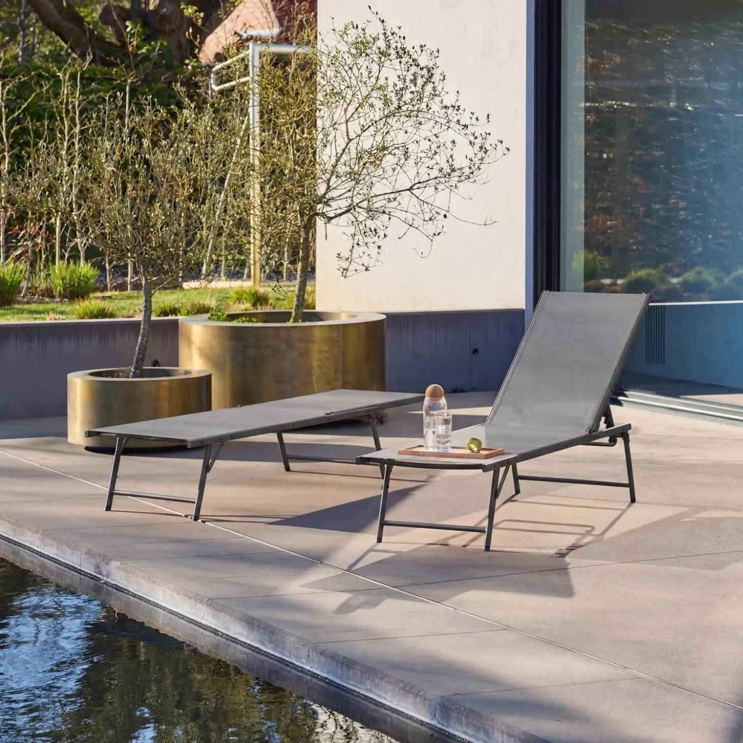 Set of 2 steel and textilene sun loungers, 4 positions