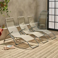 Set of 4 textilene folding sun loungers with 2 positions