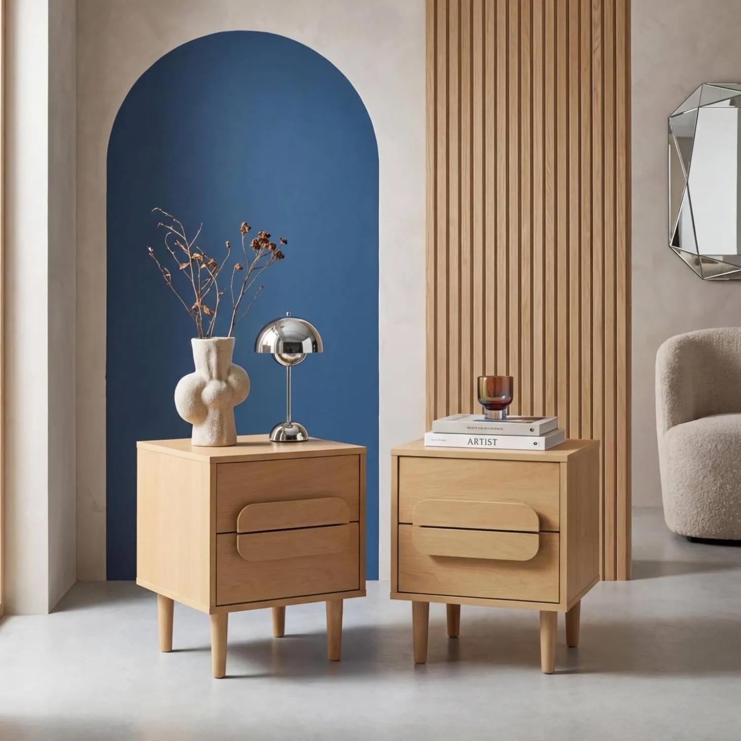 Set of 2 vintage wood effect bedside tables with 2 drawers