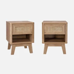 Set of 2 wood effect and cane bedside tables