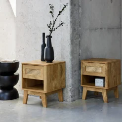 Set of 2 wood effect and cane bedside tables