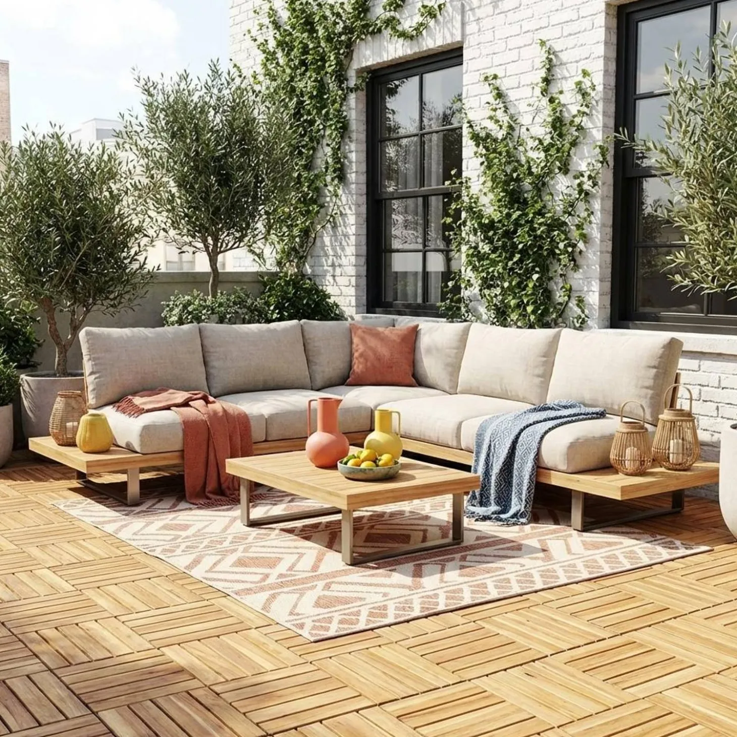 Set of 30x30cm wooden patio tiles with slats