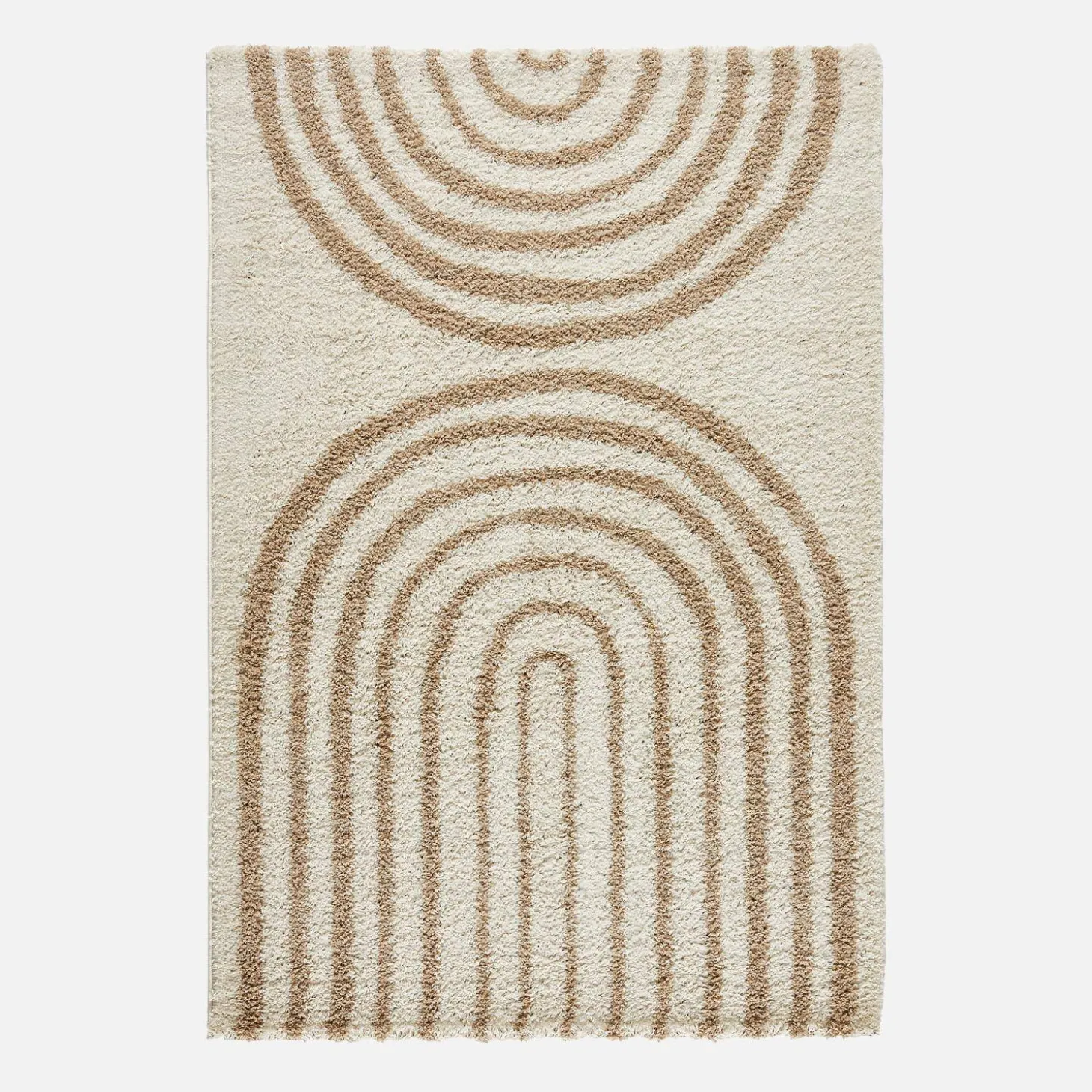 Shaggy indoor rug, rainbow geometric patterns, beige.