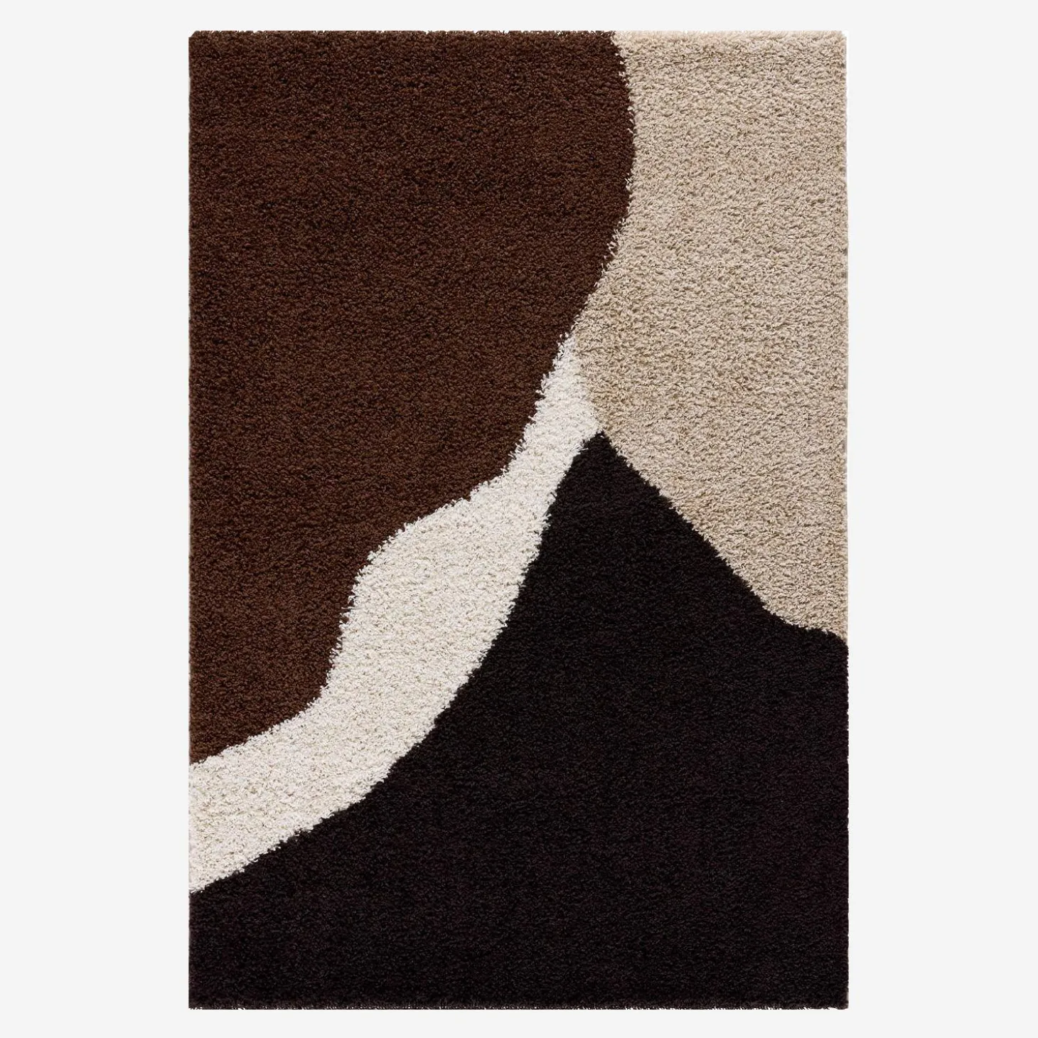Shaggy indoor rug with geometric patterns in beige, brown and black