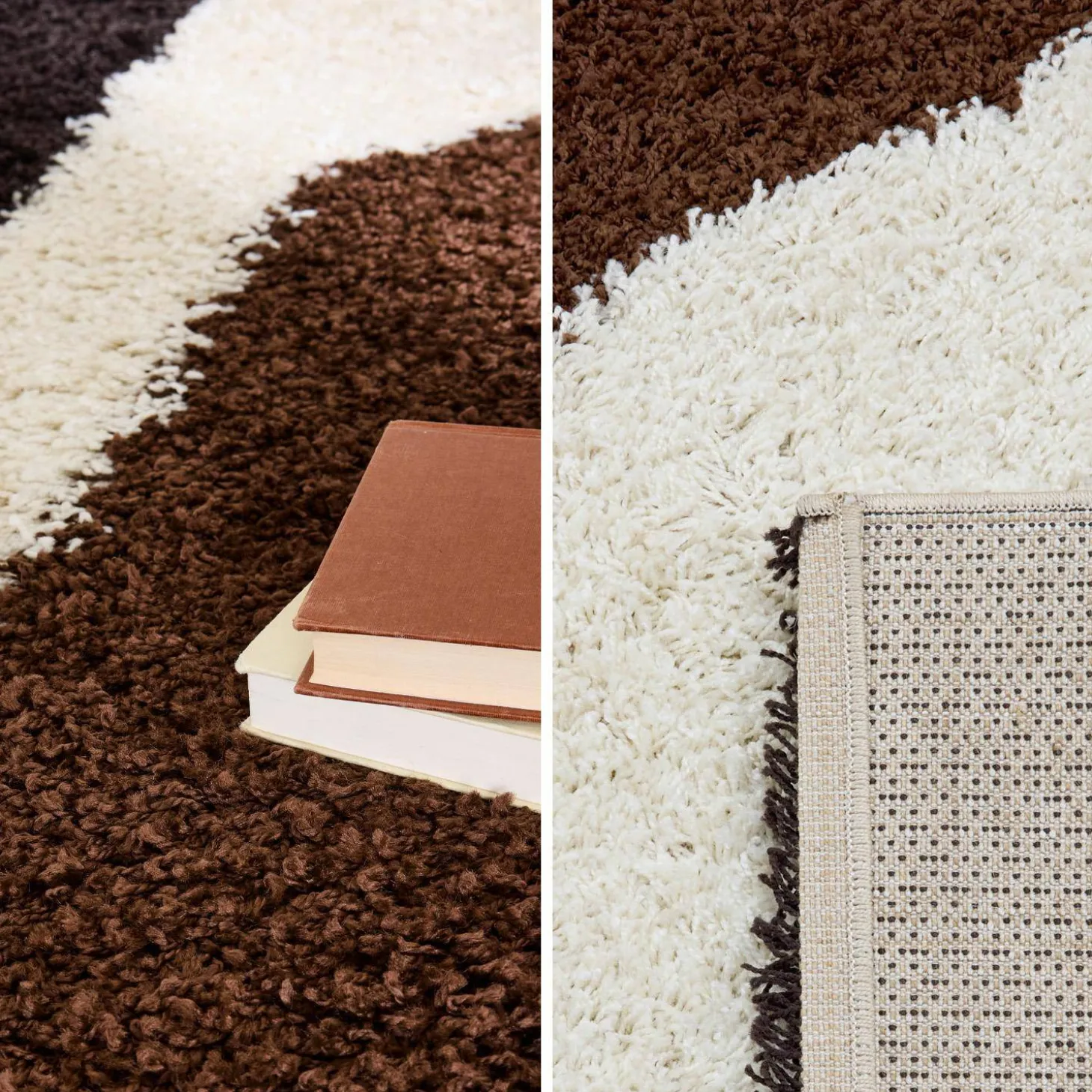 Shaggy indoor rug with geometric patterns in beige, brown and black