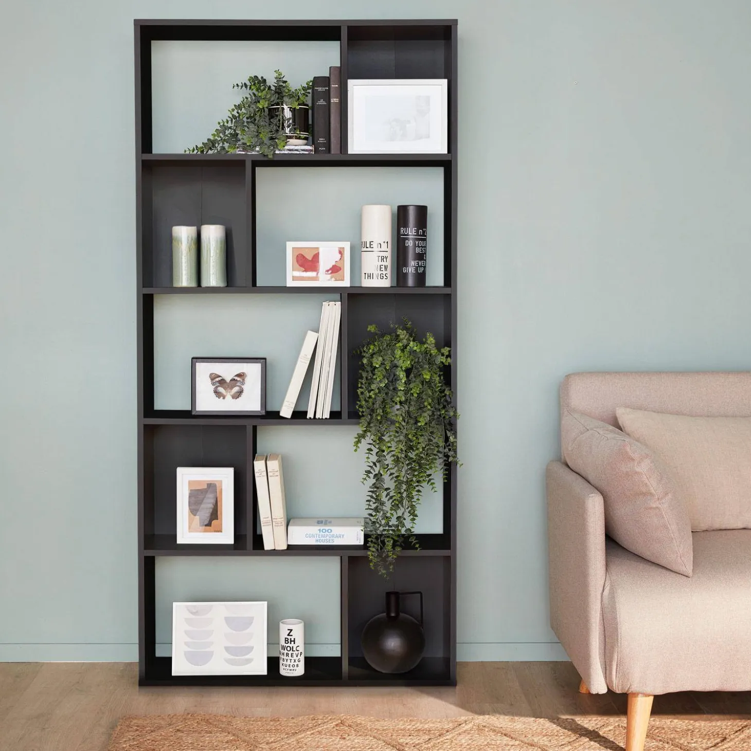 5-shelf bookcase with 10 compartments