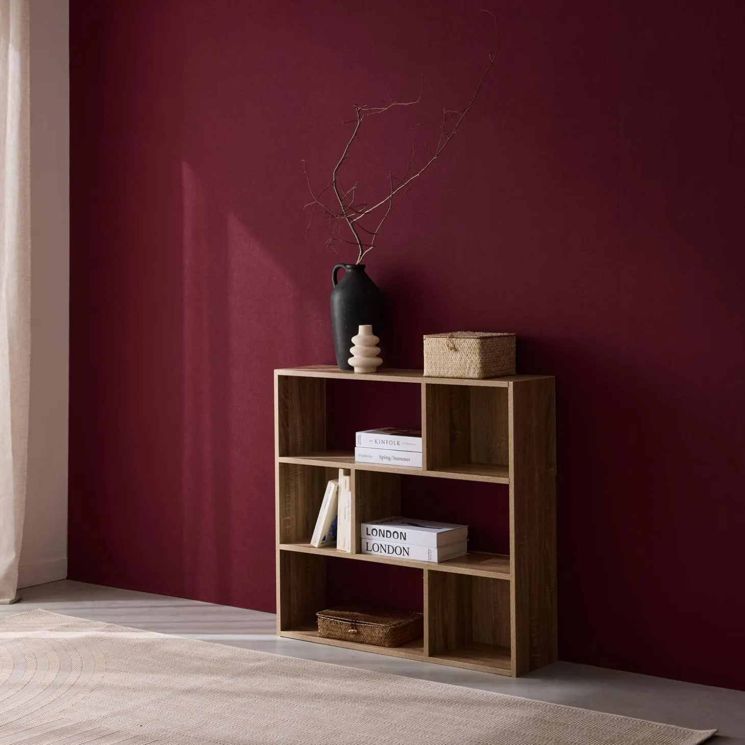 3-shelf bookcase with 6 compartments