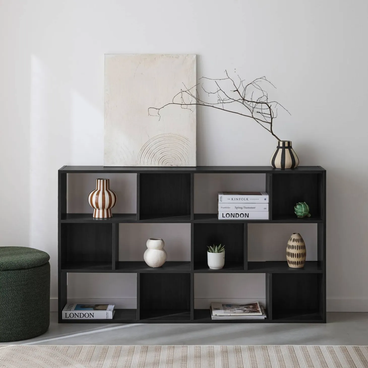 3-shelf bookshelf with 12 compartments