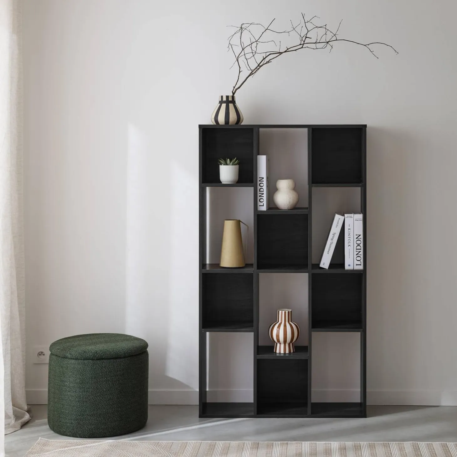 3-shelf bookshelf with 12 compartments
