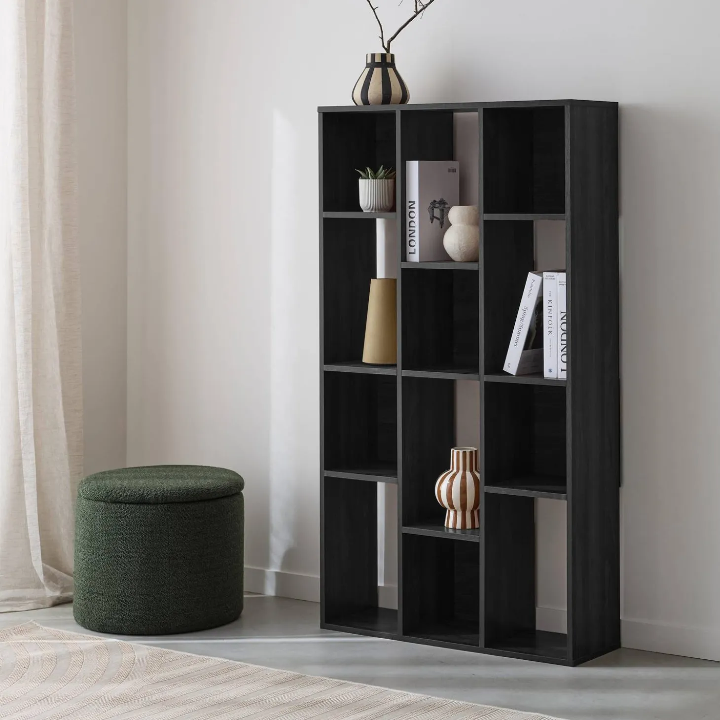 3-shelf bookshelf with 12 compartments