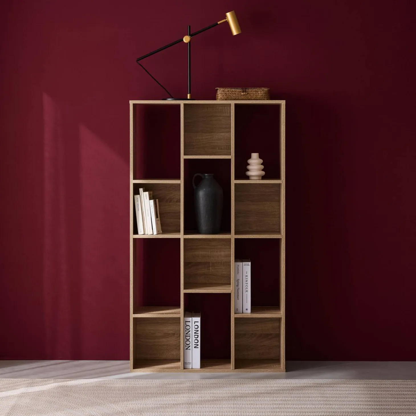 3-shelf bookshelf with 12 compartments