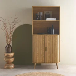 Shelf library decor grooved wood 2 sliding doors 4 levels