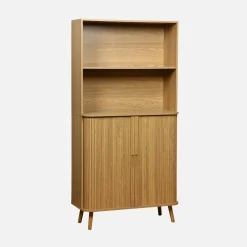 Shelf library decor grooved wood 2 sliding doors 4 levels