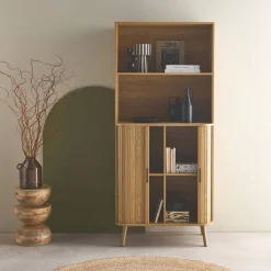 Shelf library decor grooved wood 2 sliding doors 4 levels