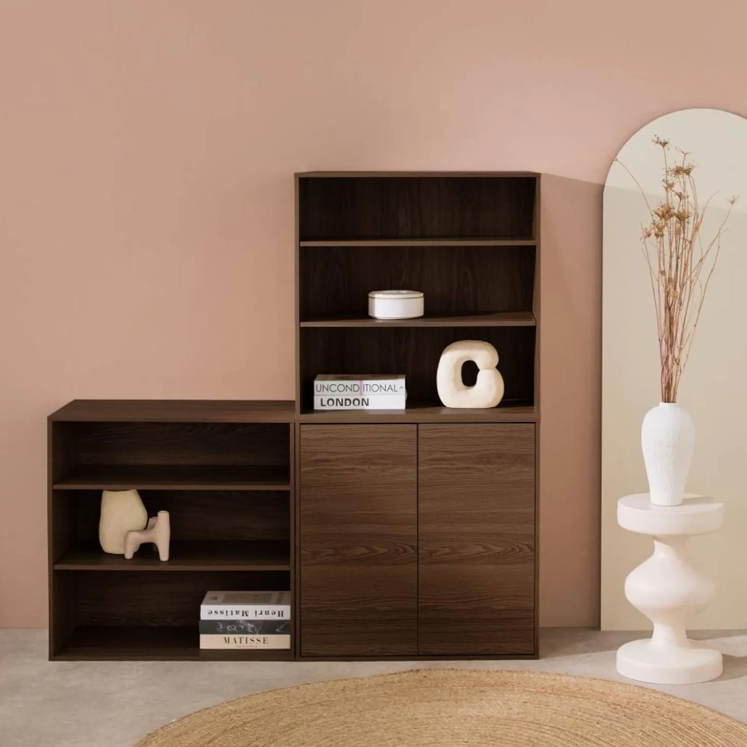 Shelf, modular bookcase with wood decor 3 elements - 2 doors 5 shelves