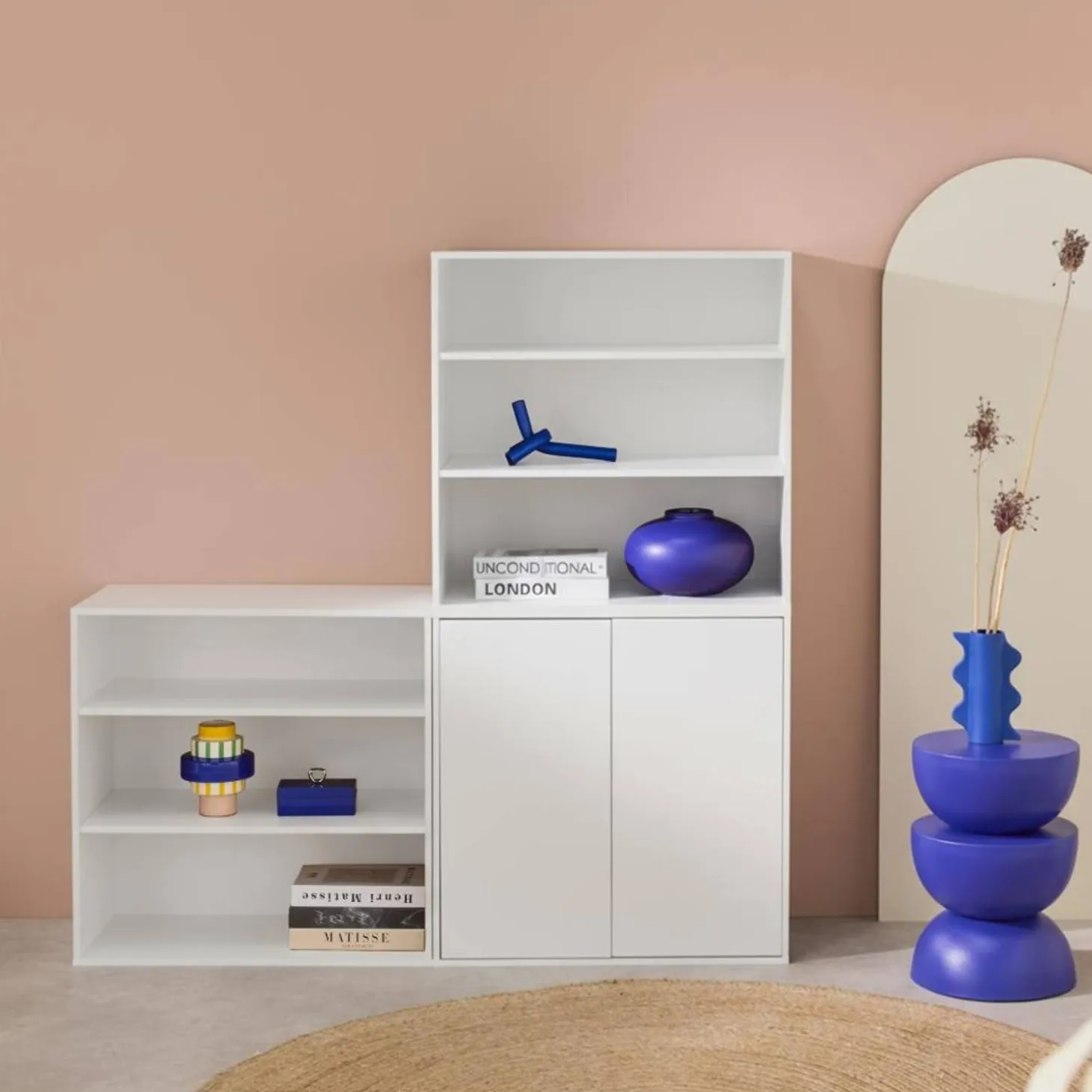 Shelf, modular bookcase with wood decor 3 elements - 2 doors 5 shelves