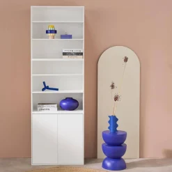 Shelf, modular bookcase with wood decor 3 elements - 2 doors 5 shelves