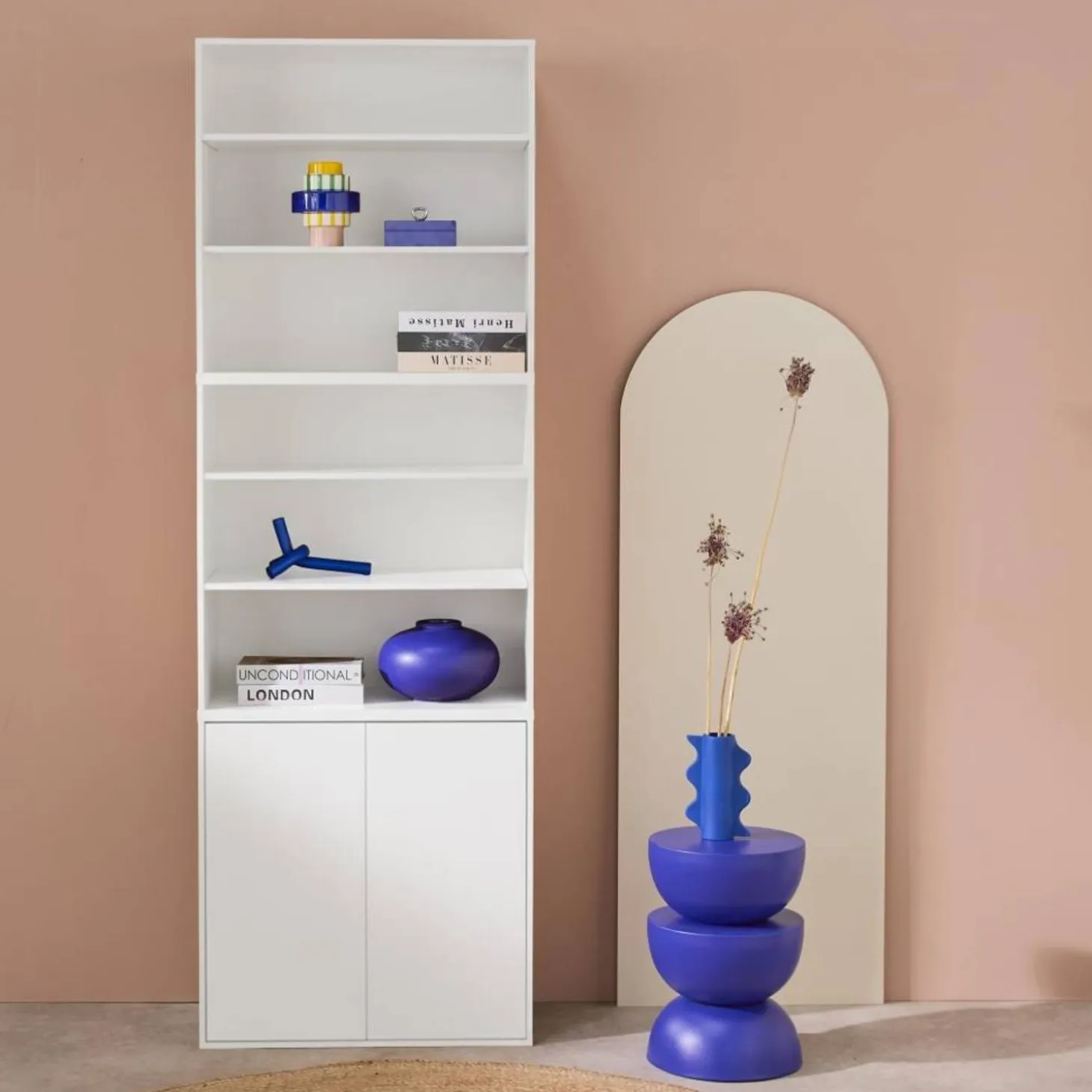 Shelf, modular bookcase with wood decor 3 elements - 2 doors 5 shelves