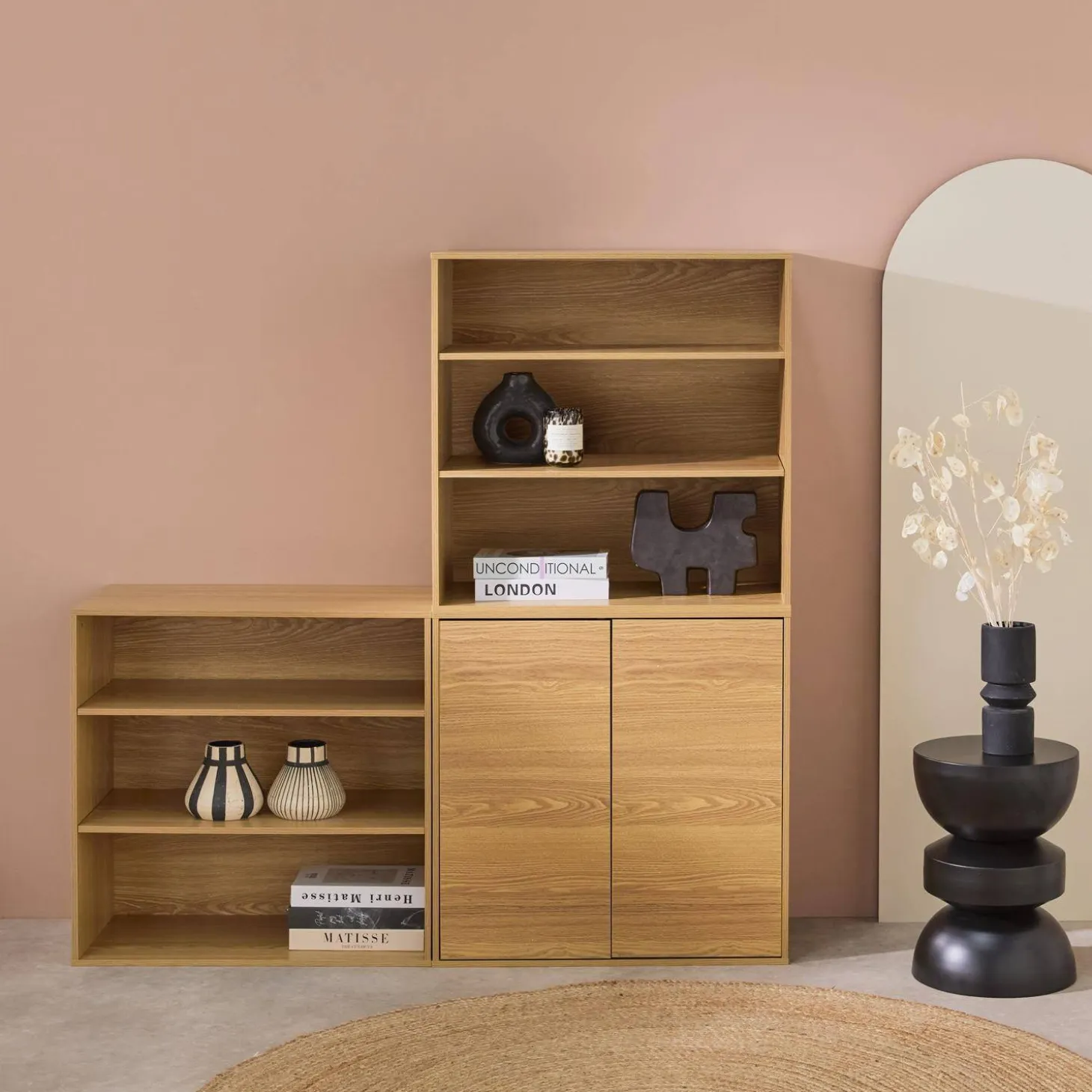 Shelf, modular bookcase with wood decor 3 elements - 2 doors 5 shelves