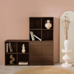 Shelf, modular bookcase wood decor 3 elements - 2 doors 8 compartments