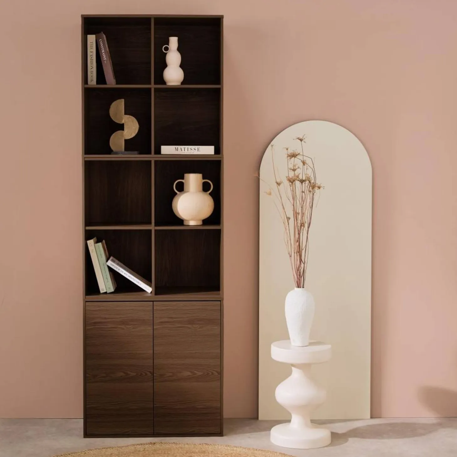 Shelf, modular bookcase wood decor 3 elements - 2 doors 8 compartments