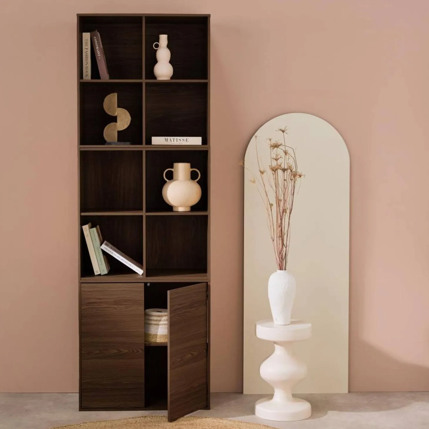 Shelf, modular bookcase wood decor 3 elements - 2 doors 8 compartments
