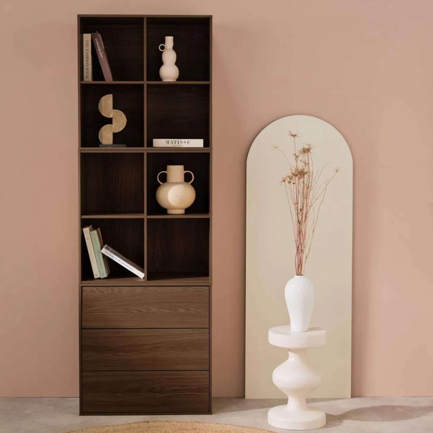 Shelf, modular bookcase wood decor 3 elements - 3 drawers 8 niches