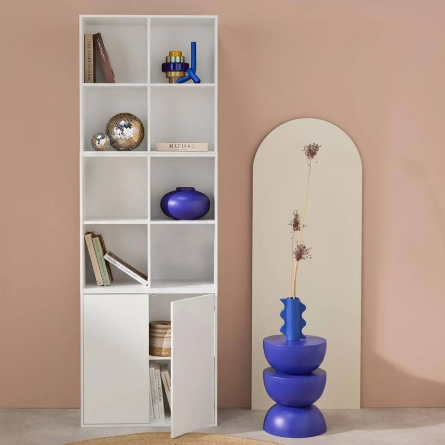 Shelf, modular bookcase wood decor 3 elements - 2 doors 8 compartments