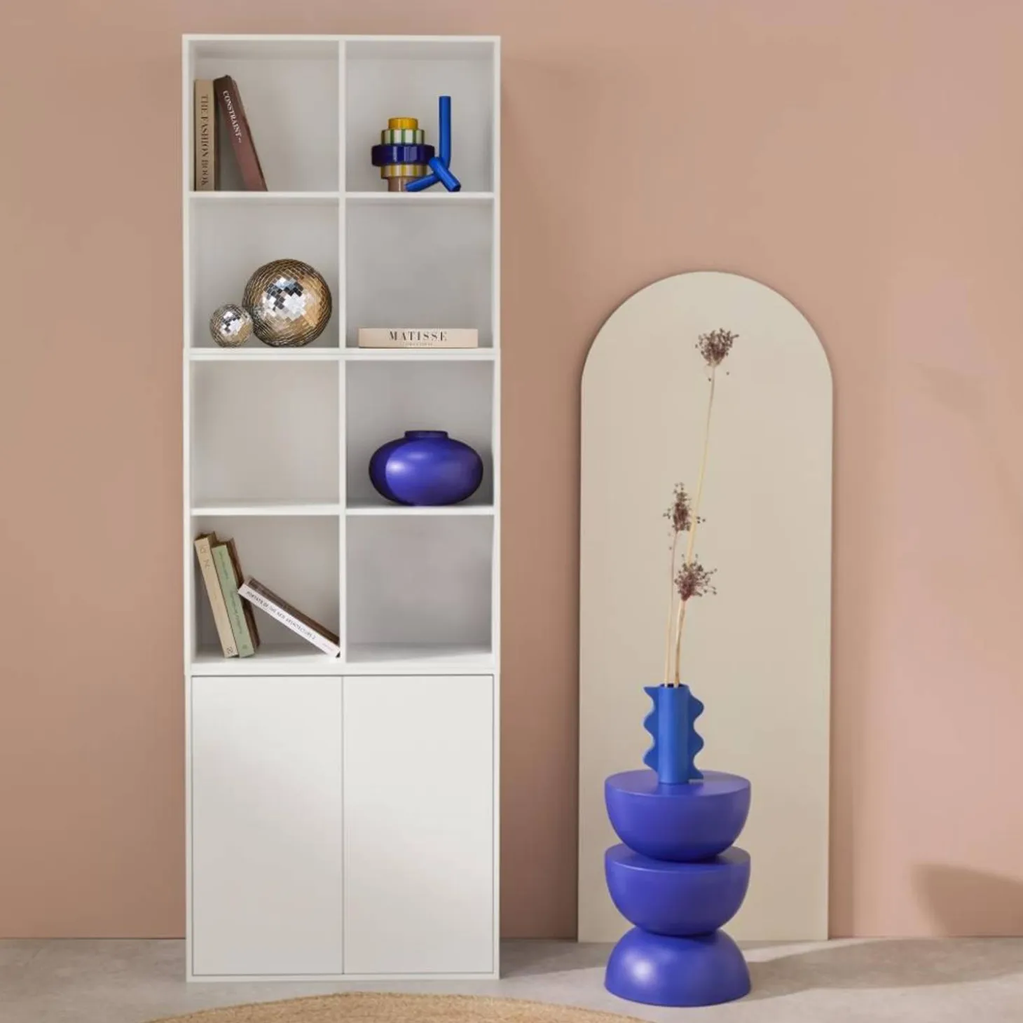 Shelf, modular bookcase wood decor 3 elements - 2 doors 8 compartments