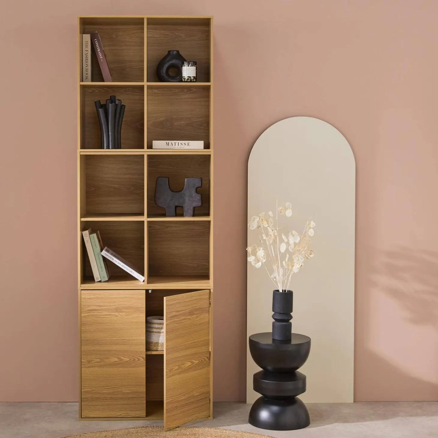 Shelf, modular bookcase wood decor 3 elements - 2 doors 8 compartments