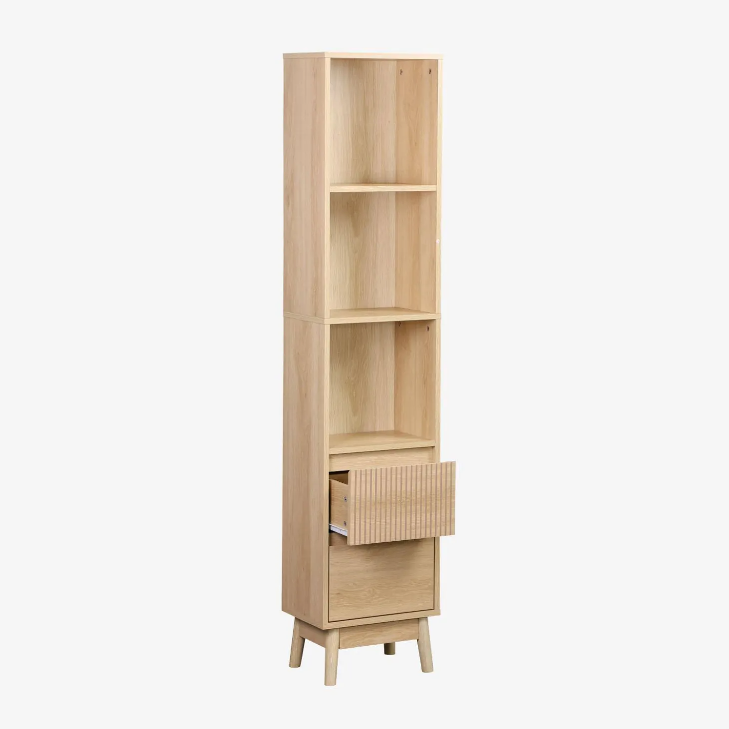 3-shelf storage column wood decor with 2 drawers