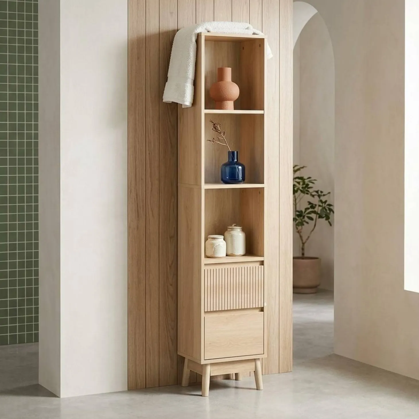 3-shelf storage column wood decor with 2 drawers