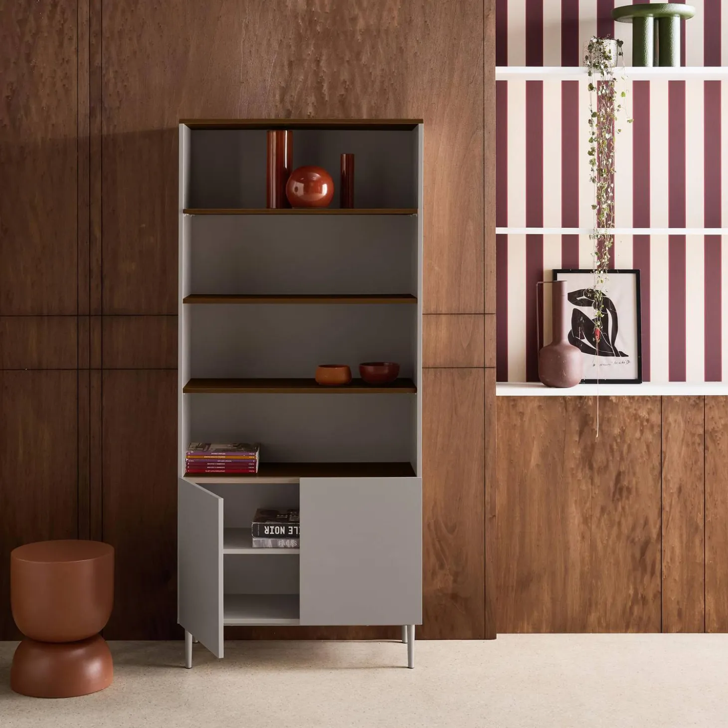 Shelving unit bookcase metal and wood decor 6 levels