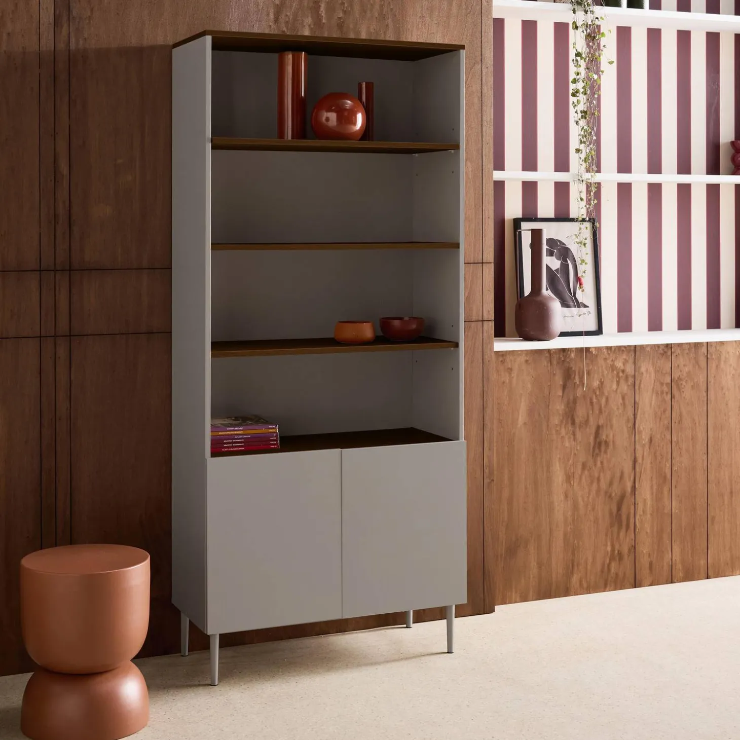 Shelving unit bookcase metal and wood decor 6 levels