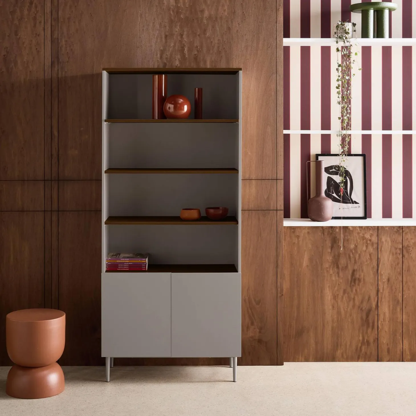 Shelving unit bookcase metal and wood decor 6 levels