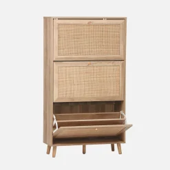 Shoe cabinet with 3 drawers wood decor and cane