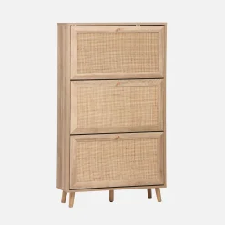 Shoe cabinet with 3 drawers wood decor and cane