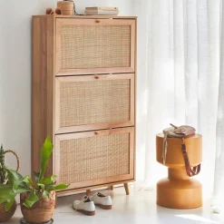 Shoe cabinet with 3 drawers wood decor and cane