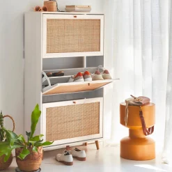 Shoe cabinet with 3 drawers wood decor and cane