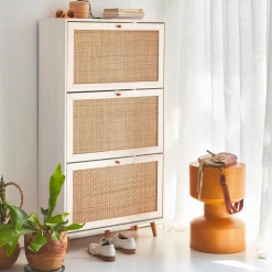 Shoe cabinet with 3 drawers wood decor and cane