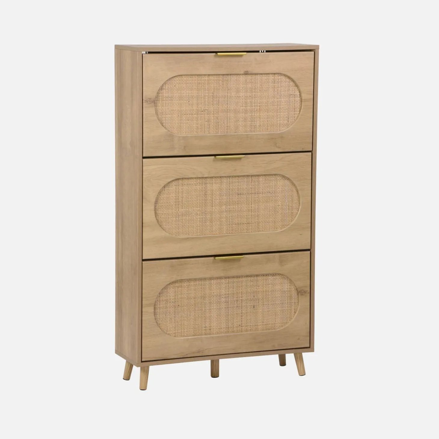 Shoe cabinet wood and cane decor 3 drawers