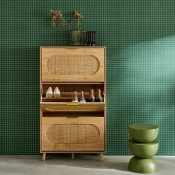 Shoe cabinet wood and cane decor 3 drawers