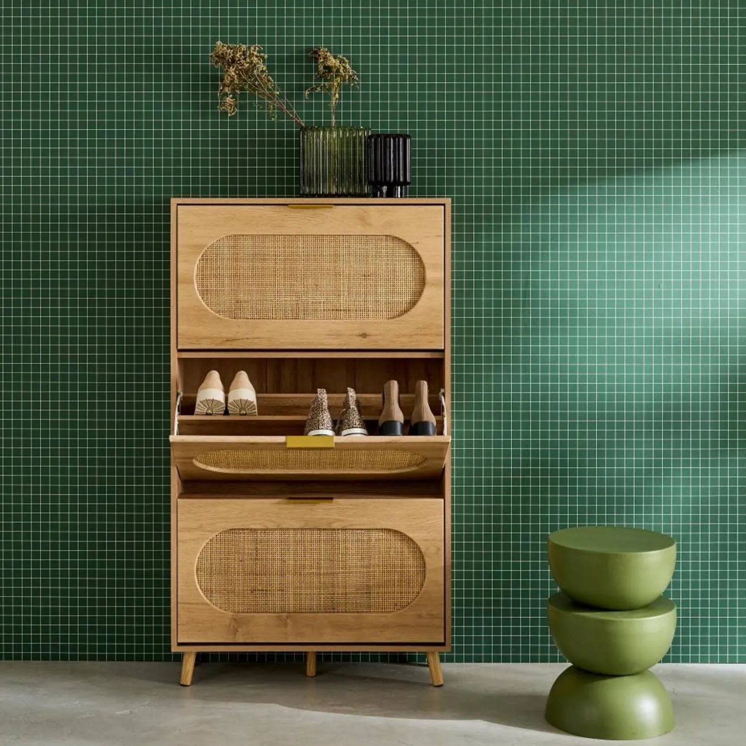 Shoe cabinet wood and cane decor 3 drawers