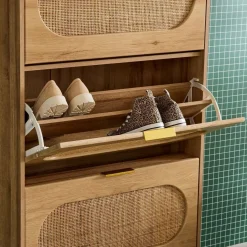 Shoe cabinet wood and cane decor 3 drawers