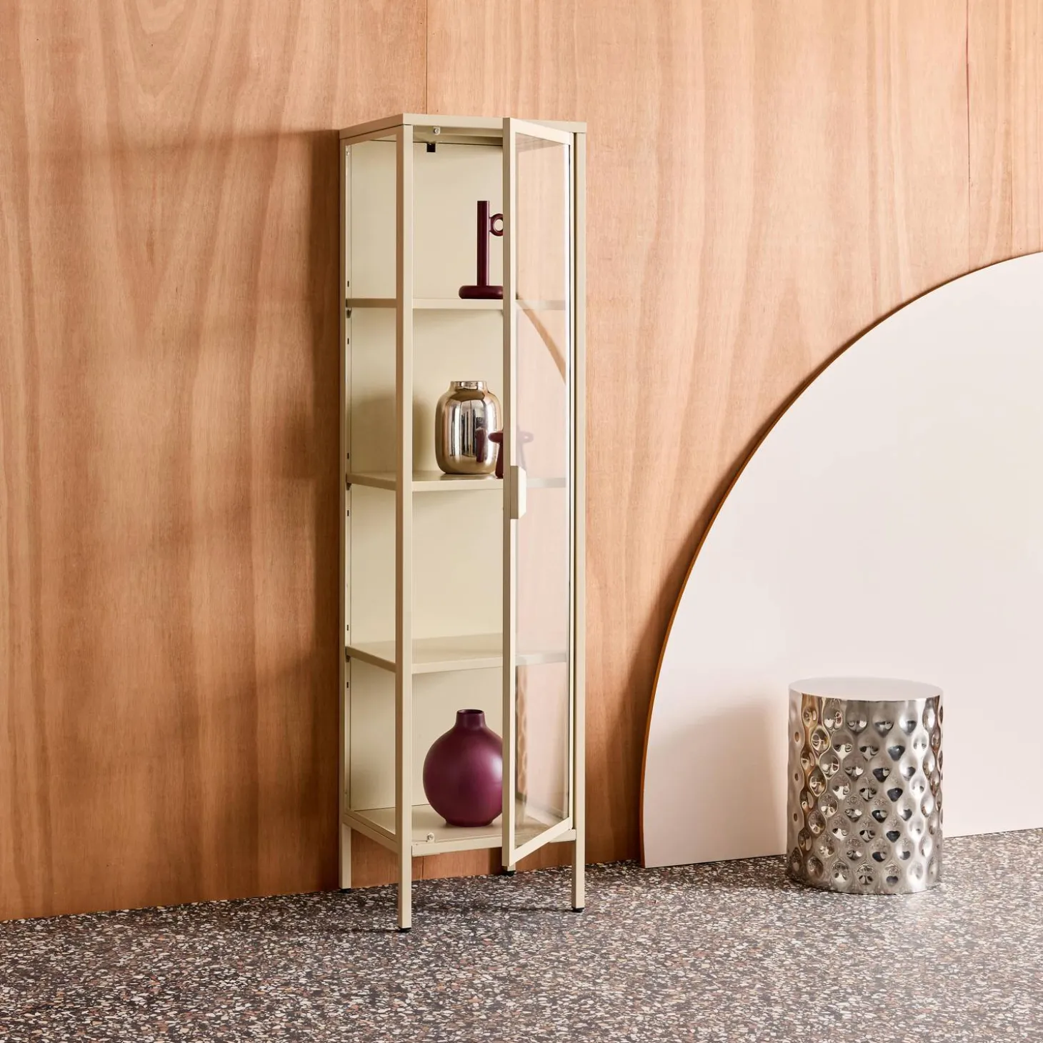 Sideboard, steel and tempered glass display cabinet with 1 door