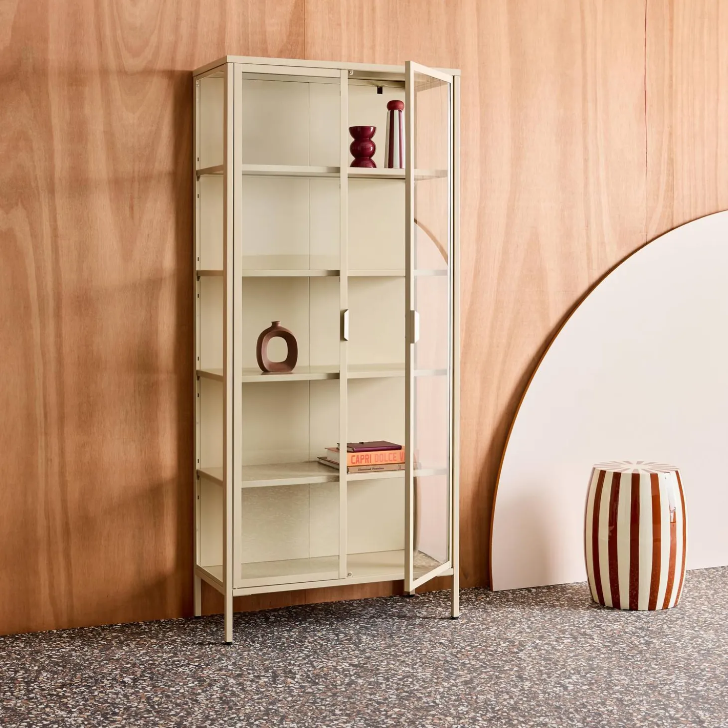 Sideboard, steel and tempered glass china cabinet with 2 doors