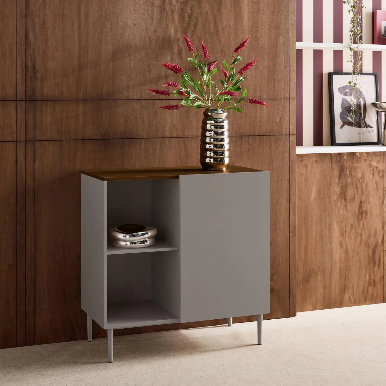 Sideboard storage unit metal with wood decor 1 door 80 cm
