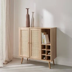 Sideboard with bottle holder, wickerwork and wooden decor
